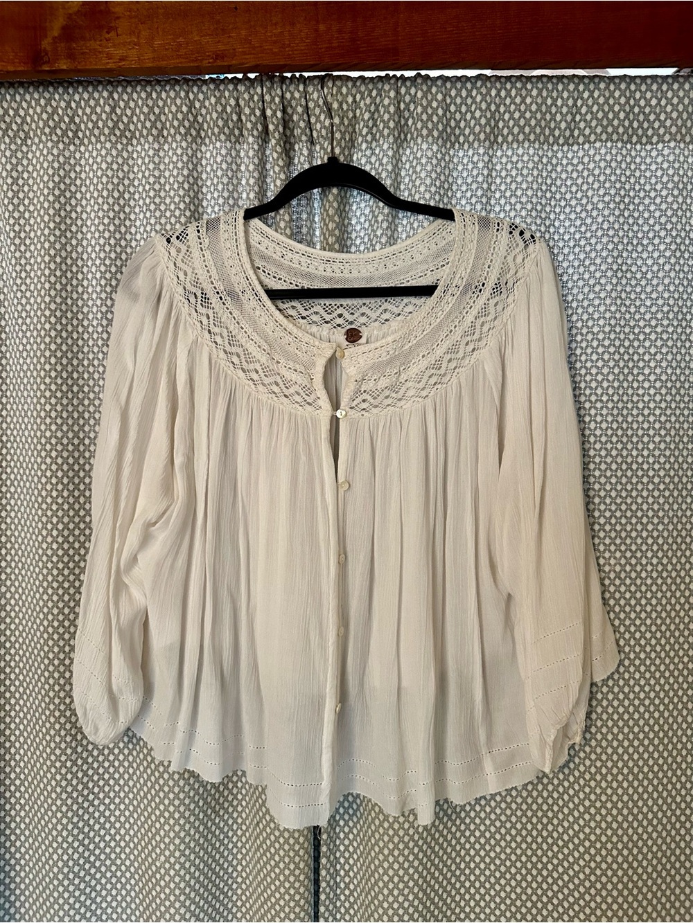 Free People Flowy Lace Yoke Peasant Blouse- White - XS/S